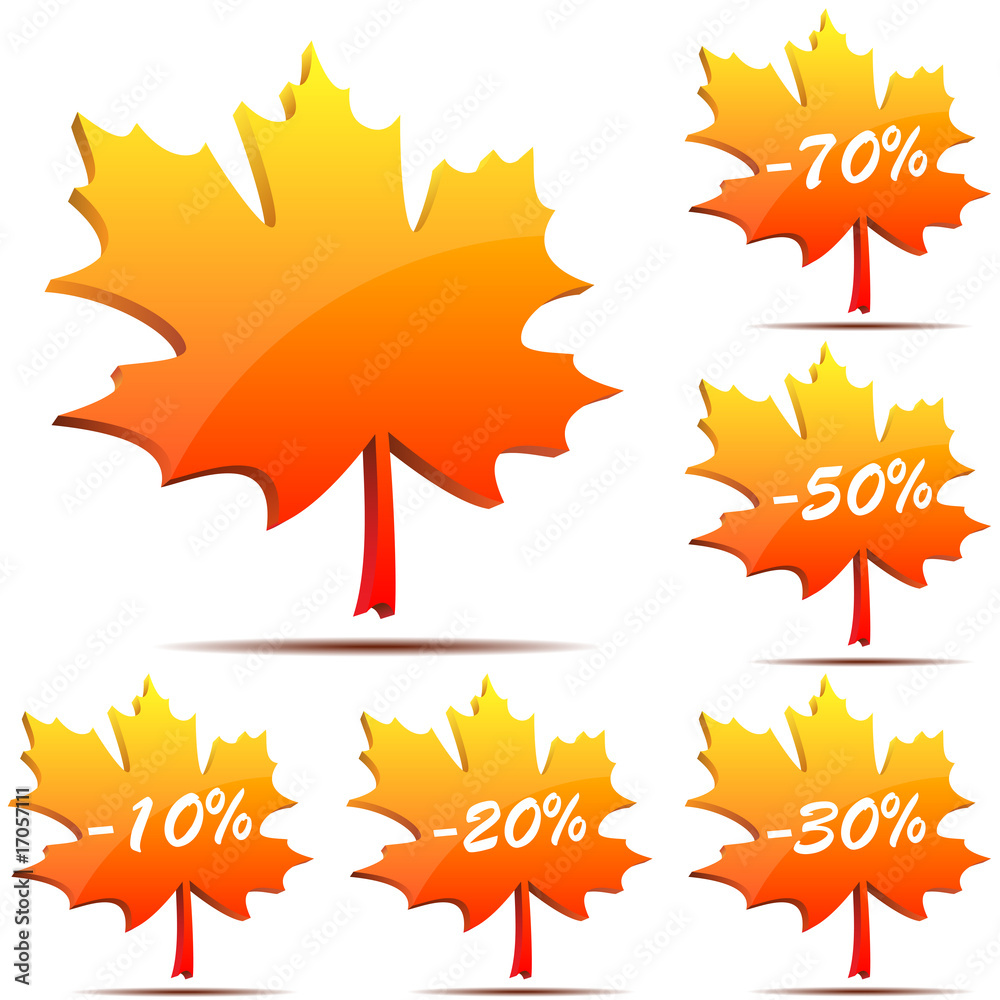 Vector set of 3D maple leaf discount labels isolated Vector set of 3D maple leaf discount labels isolated