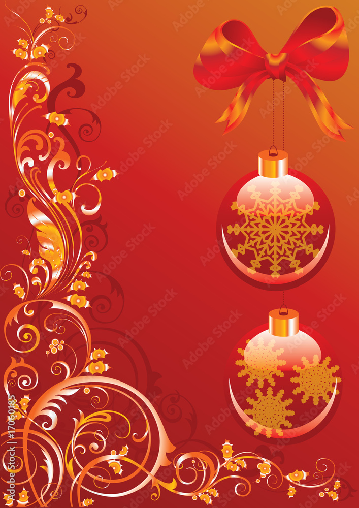 Christmas background with red spheres and  vegetative pattern.