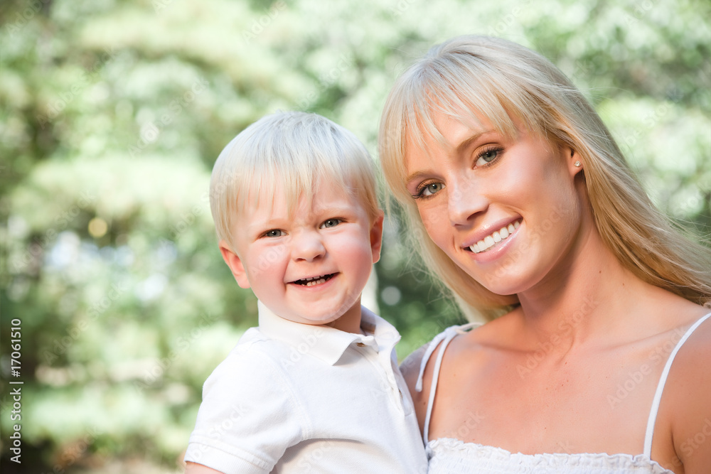 Happy caucasian mother and son