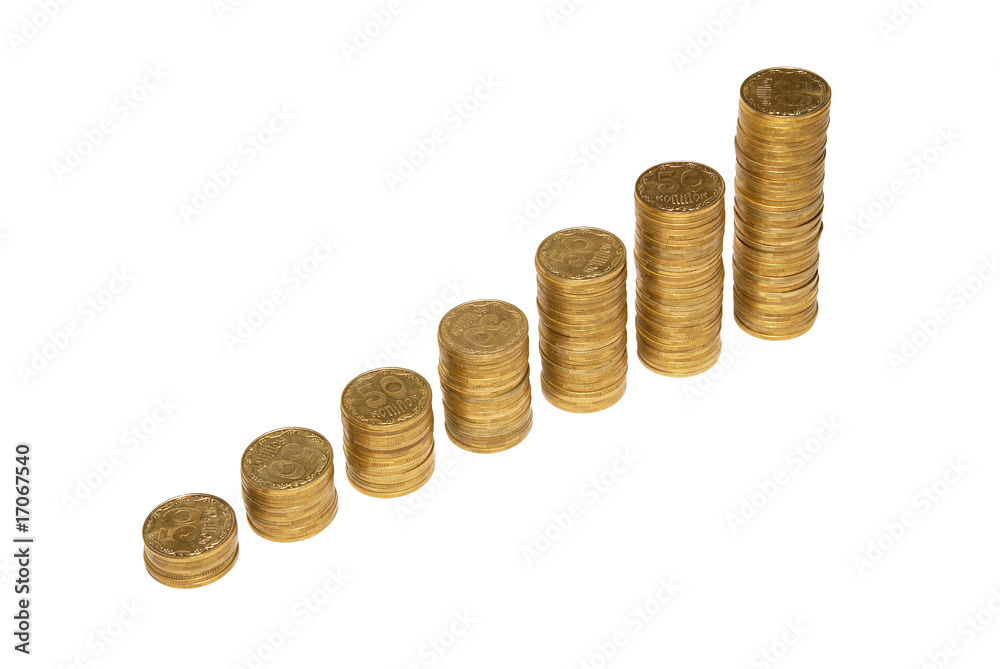 Stair to wealth of golden coins isolated on white. Stair to wealth of golden coins isolated on white.