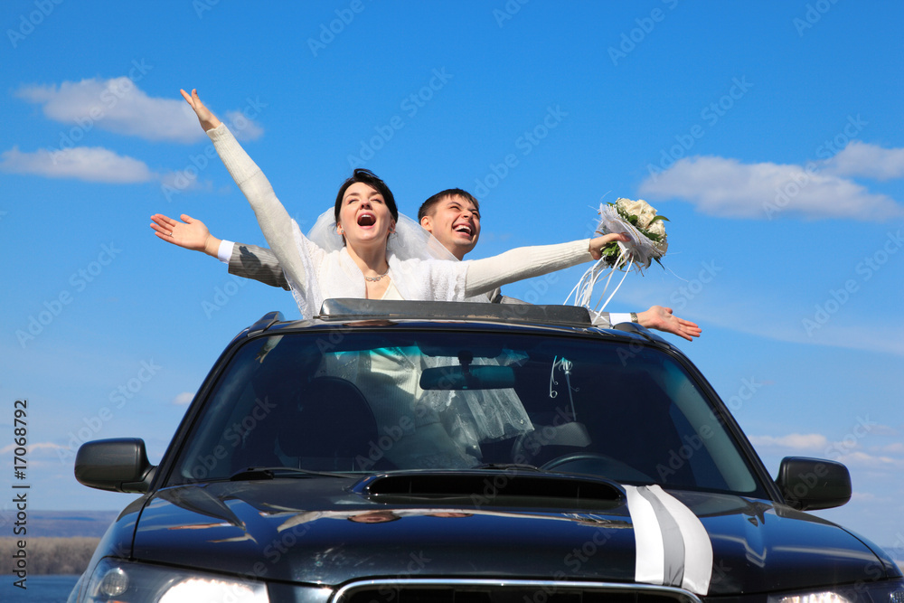 fiance and bride are glad standing in car