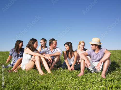 Group sitting in meadow