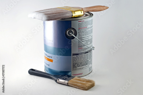 New can of paint and two brush sizes photo
