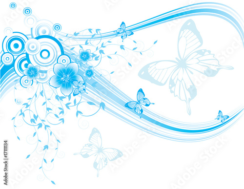Blue floral background with butterflies and flowers