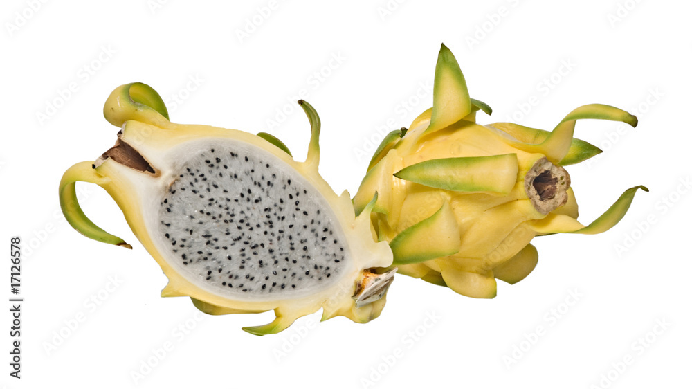 Fototapeta premium Yellow dragon fruit and its section isolated on white background