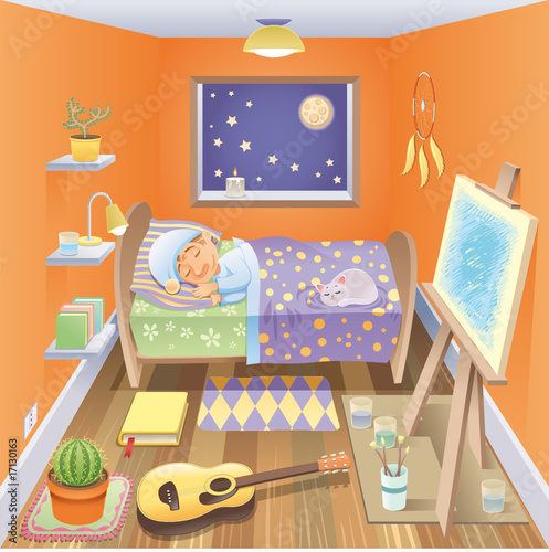 Boy is sleeping in his bedroom