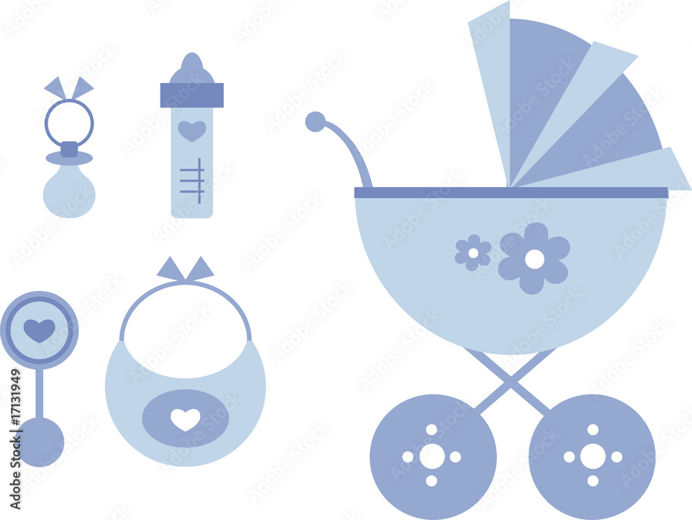 Clipart-Set: Kinderwagen und Baby-Accessoires (blau) Stock Vector | Adobe  Stock