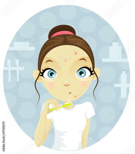 Good morning!Teenage girl saw pimples on her face.