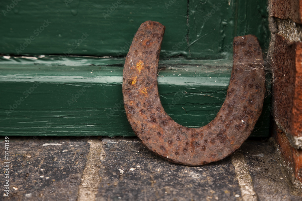 old horseshoe near green barn door