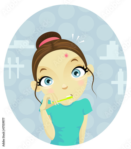 Teenage girl looks in mirrow and saw pimples on her face
