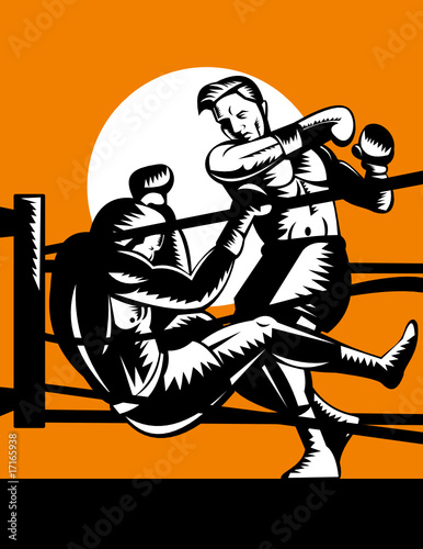 Boxer knocking out opponent out of the ring