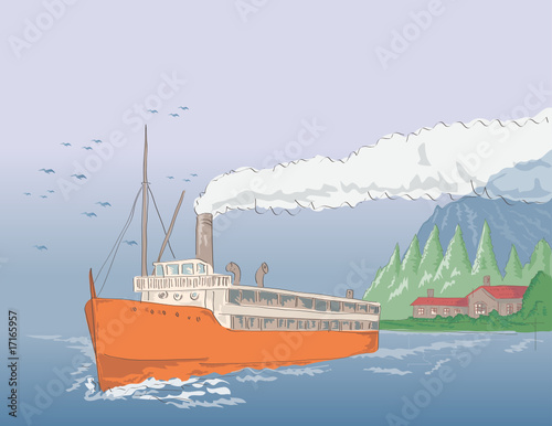 Steamship sailing with cottage houses