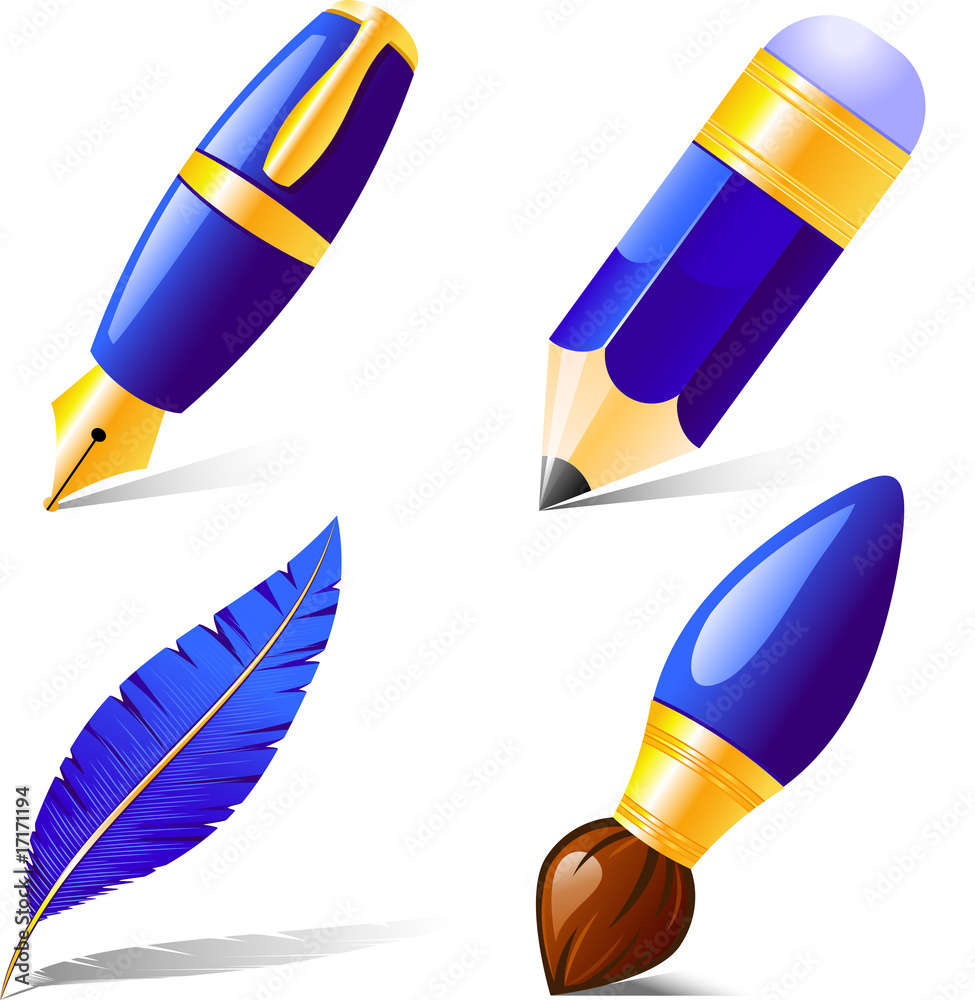 Pencil, pen, brush, feather. Pencil, pen, brush, feather.