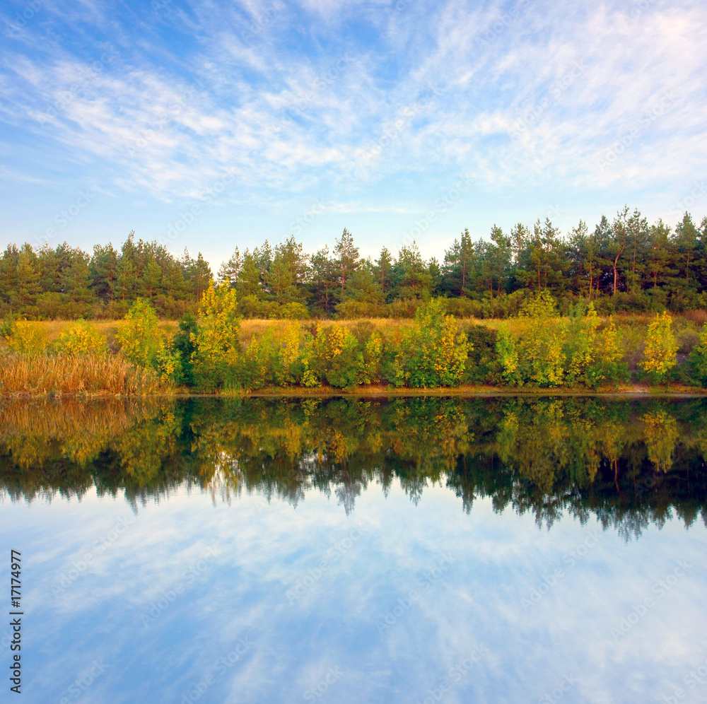 View to river`s shore at autumn day View to river`s shore at autumn day