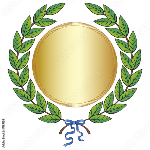Laurel wreath with medal and blue ribbon