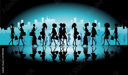 Global shopping woman logo, silhouette city banner, card, backgr