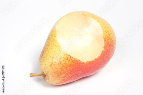 Ripe eaten pear, isolated on white
