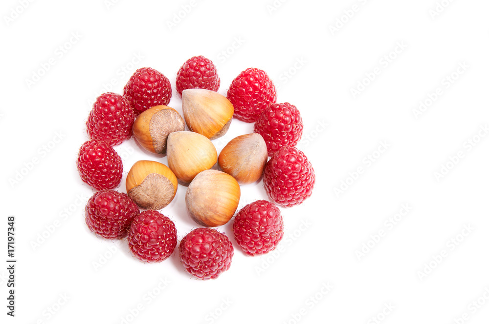 Ripe raspberries and hazelnuts on a white. Ripe raspberries and hazelnuts on a white.