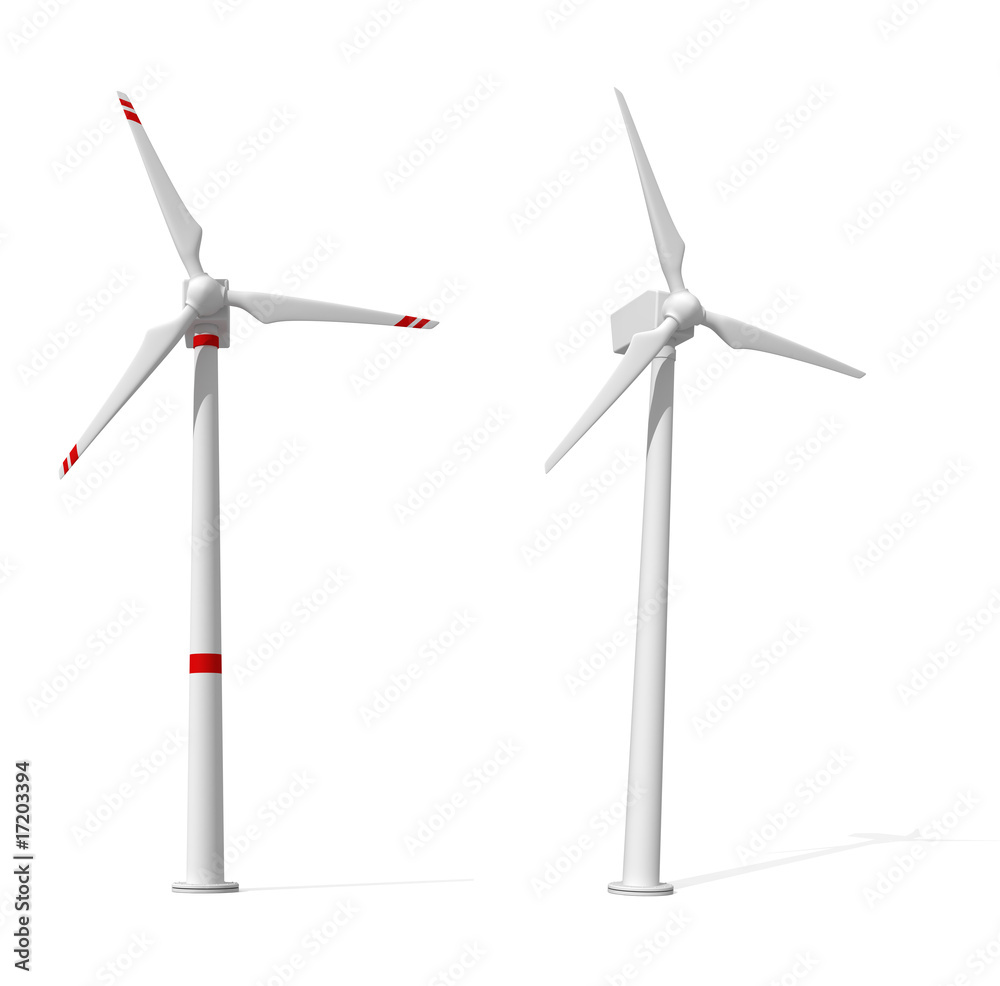 two wind turbines on white background two wind turbines on white background