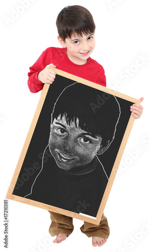 American Boy with Self Portrait on Chalkboard photo