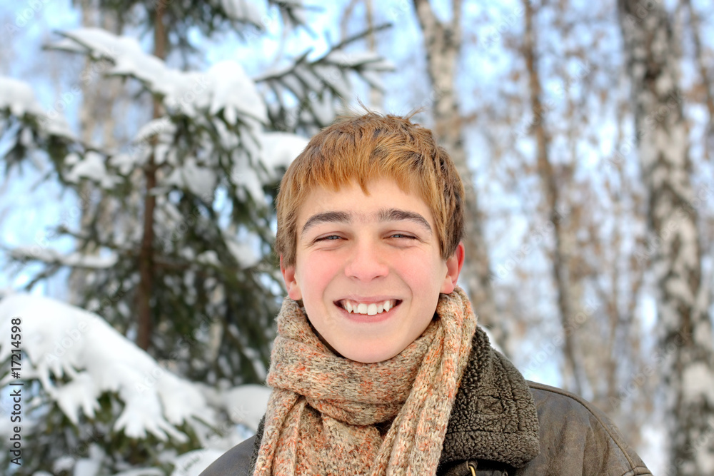 happy teenager in winter forest happy teenager in winter forest
