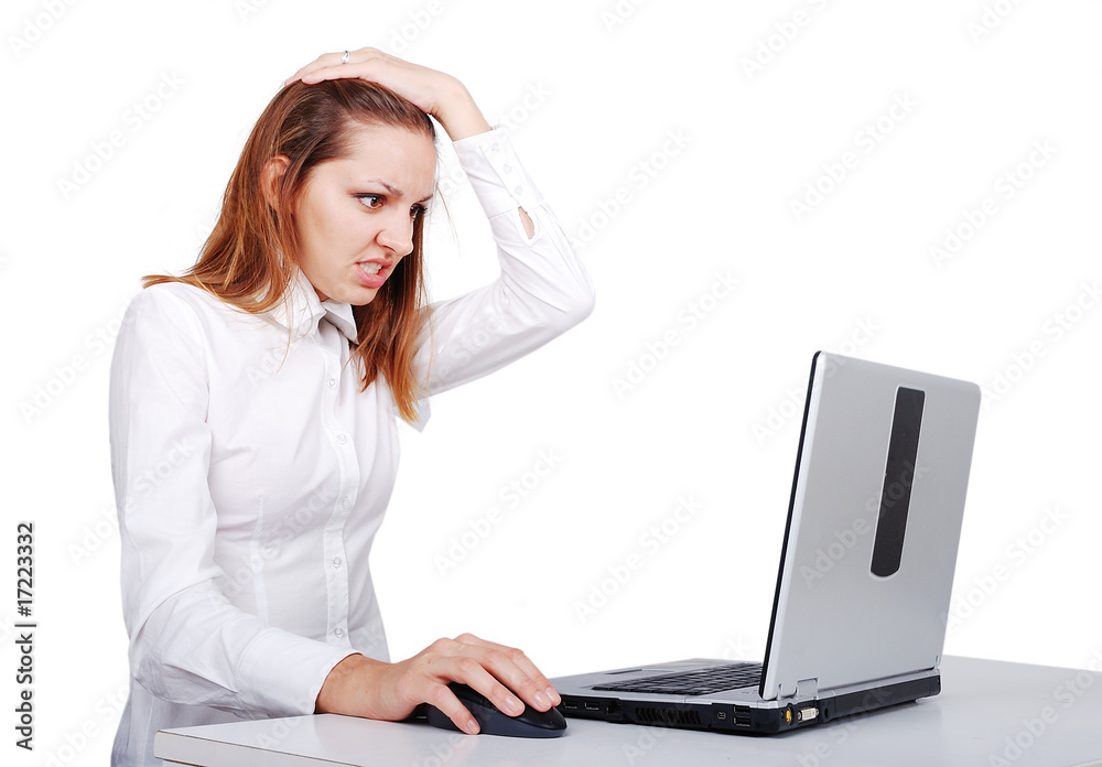 Young female model on laptop, isolated scene Young female model on laptop, isolated scene