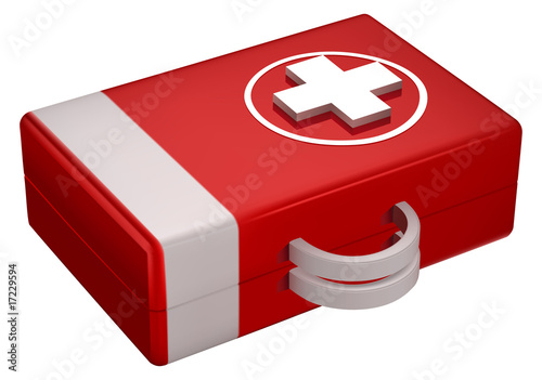 3D red first aid kit isolated on white background