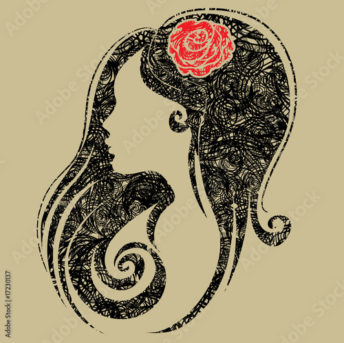 Decorative grunge portrait of woman with flower in the hair