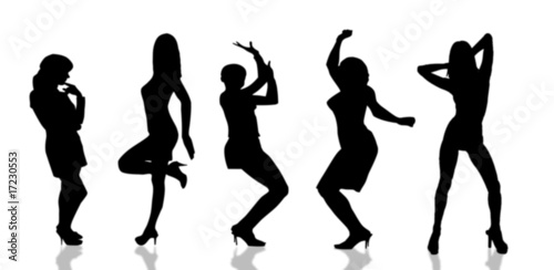 Black silhouettes dancing girl on white background