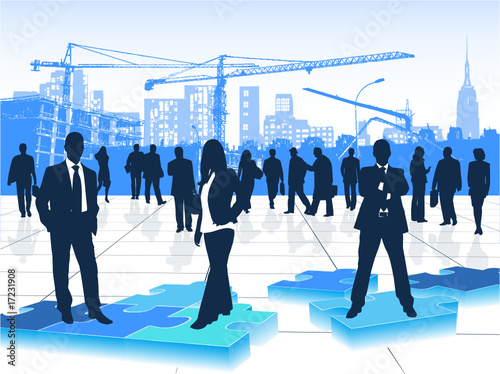 Illustration of people and buildings