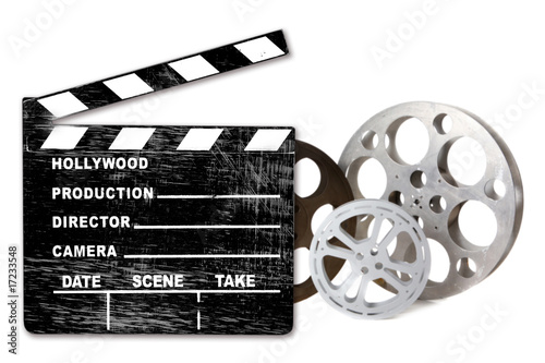 Canvas-taulu Empty Hollywood Film Canisters and Clapper on White
