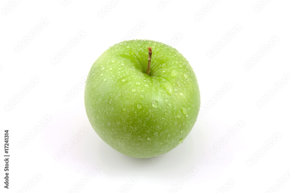 Fresh juicy green apple with water drops over white background Fresh juicy green apple with water drops over white background