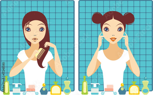 Young girl combing her hair