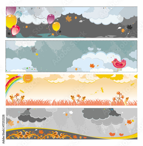 Autumn rainy banners with balloons and birds.