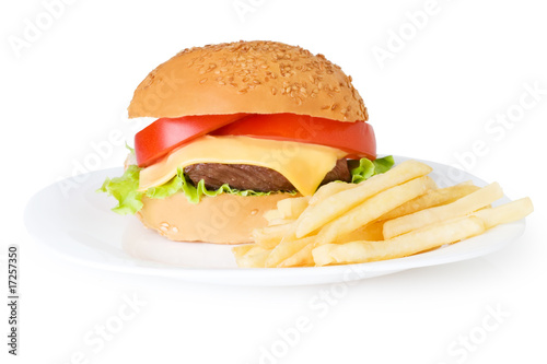 french fries and hamburger. Isolated on white.