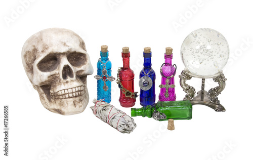 Skull, Crystal Ball, Herbs and Magic Potions