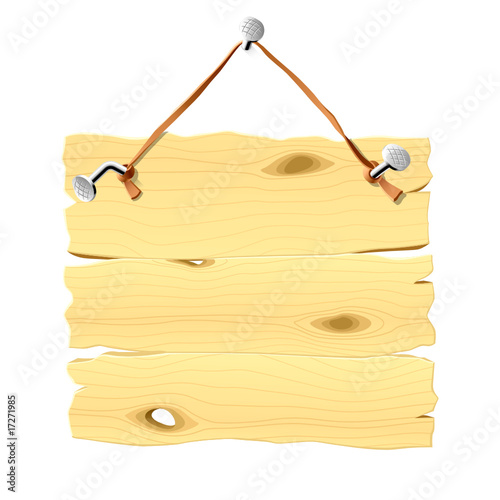 Empty wooden signboard hanging on a nail. Vector illustration.