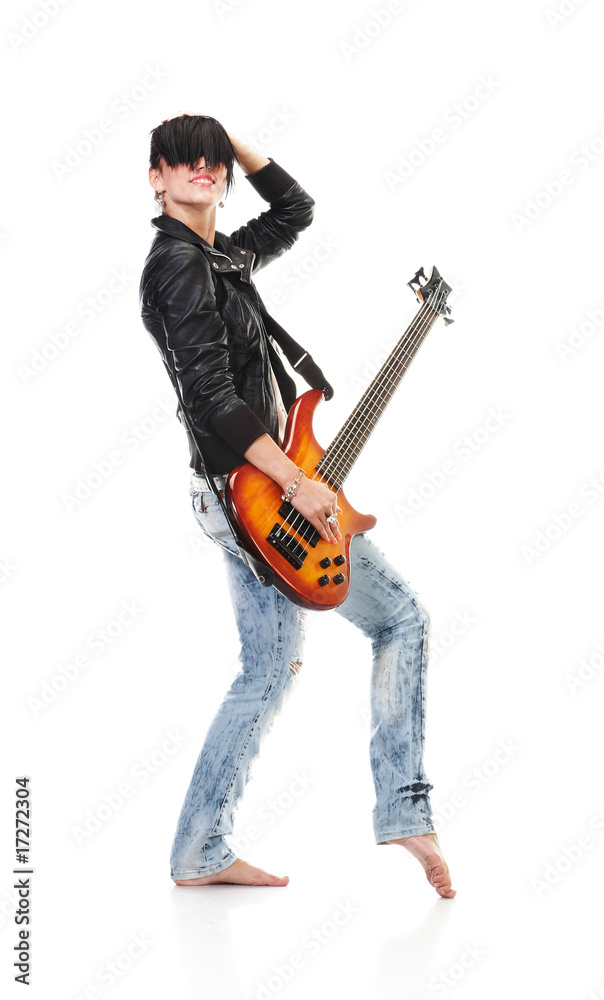 Punk girl holding a guitar and singing, isolated on white. Punk girl holding a guitar and singing, isolated on white.