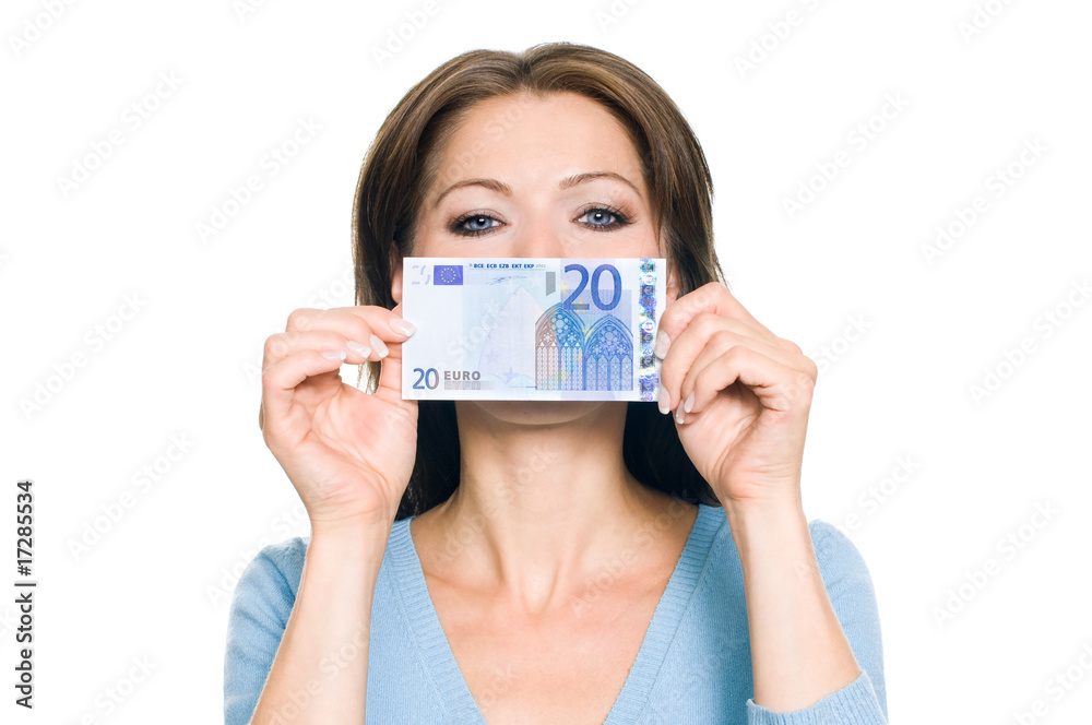 Hübsche Frau hält 20 Euro Geldschein Hübsche Frau hält 20 Euro Geldschein