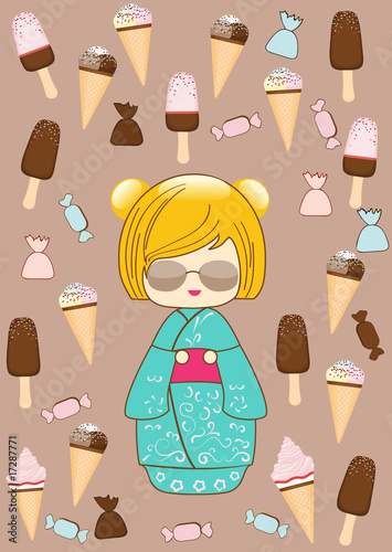 Japanese kokeshi summer doll vector illustration