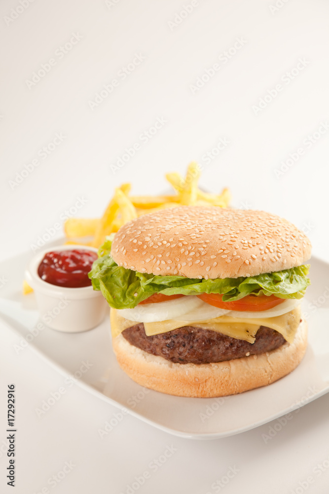 Fresh homemade Beef tomato cheese onion burger isolated