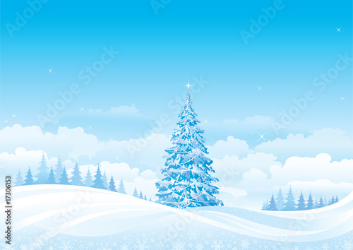 Christmas landscape with fir tree
