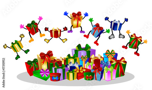 Springende Geschenke auf weissem Hintergrund