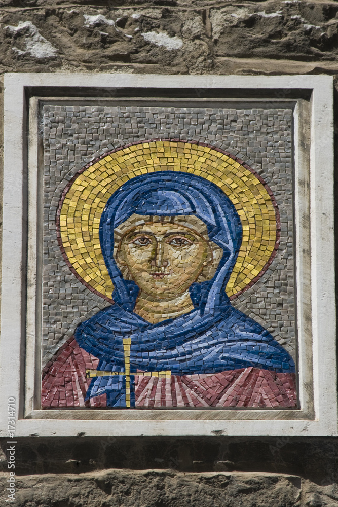 Mosaic Icon on the wall of cathedral in Pula, Croatia.