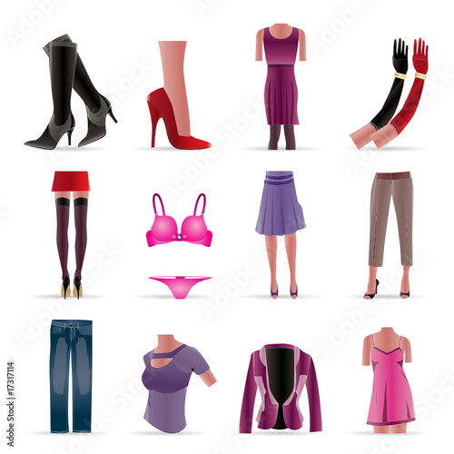woman and female clothes icons - vector icon set