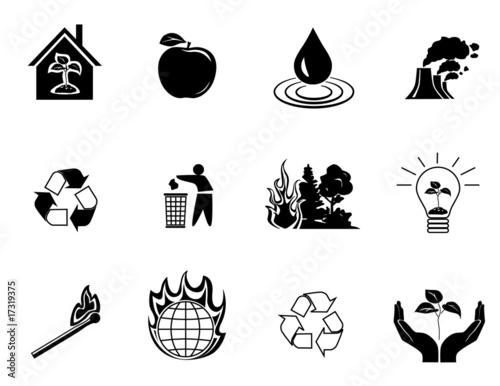 Black environment protection icons set