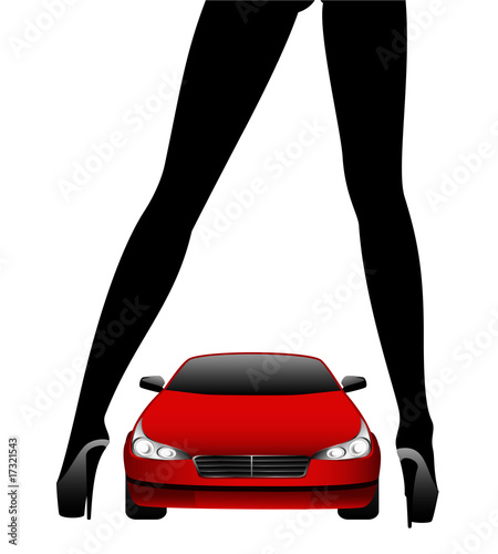 Silhouette of beautiful glamour girl sitting by the red car