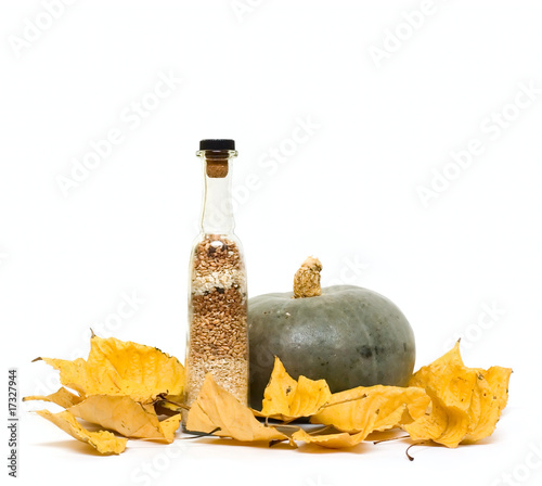 Pumpkin and bottle with groats on fall leafs