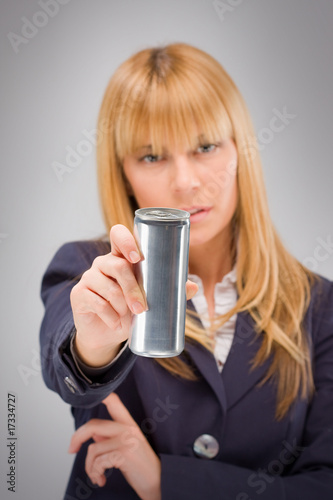 Blond business woman hold energy drink