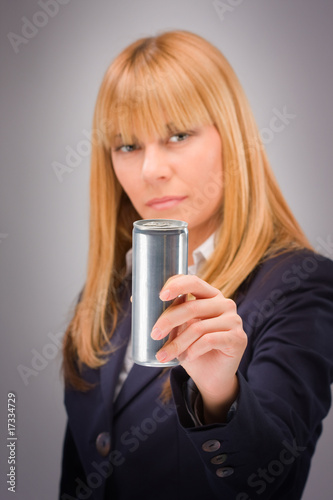 Business woman hold energy drink